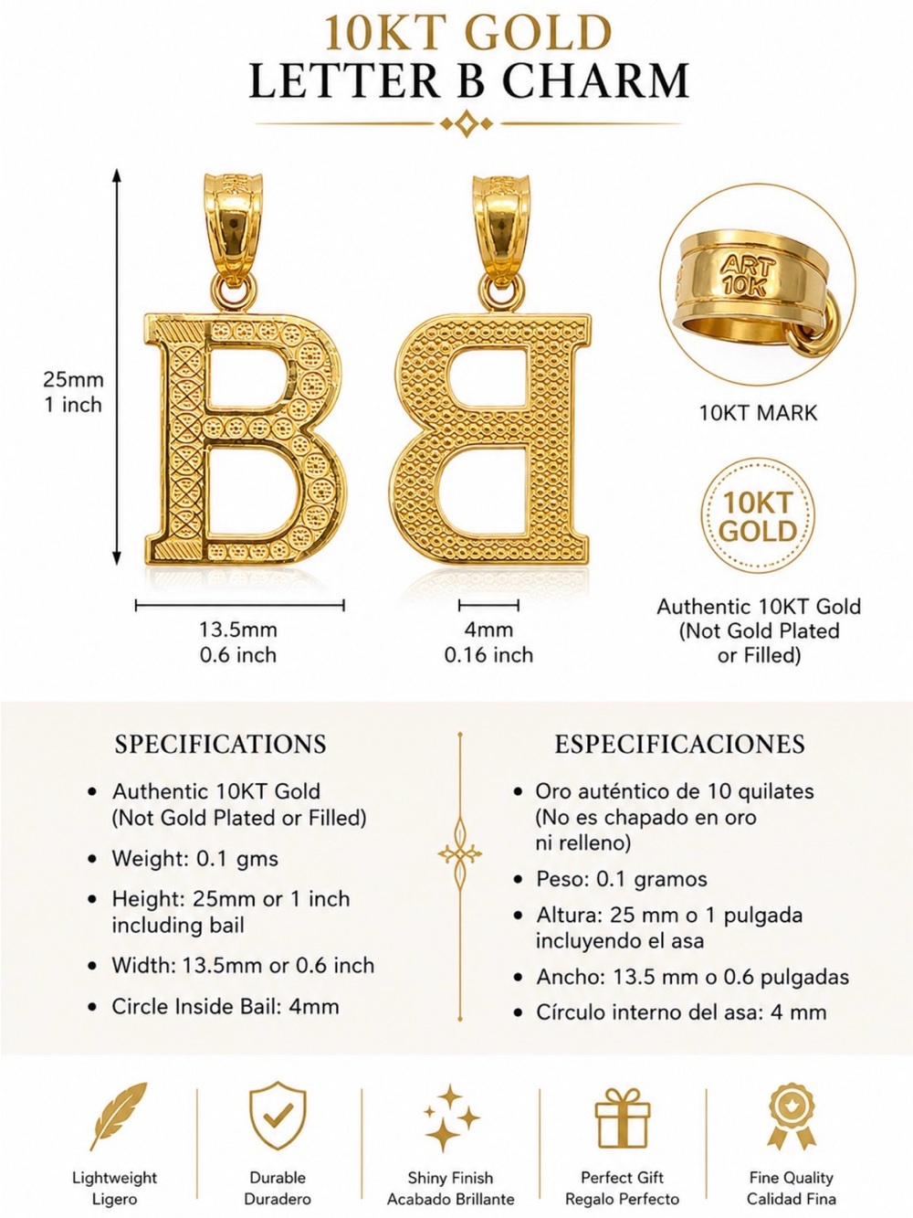 10KT Gold Letter B Charm Pendant - Yellow Gold